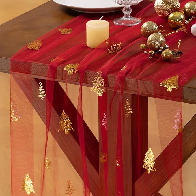 Socomi Christmas Tree Table Runner Gold Gauze Sheer Chiffon Cheesecloth Sequin 10FT Glitter Metallic Foil Dining Wedding Birthday Party Winter Holiday Centerpiece Table Decor 3pcs Red
