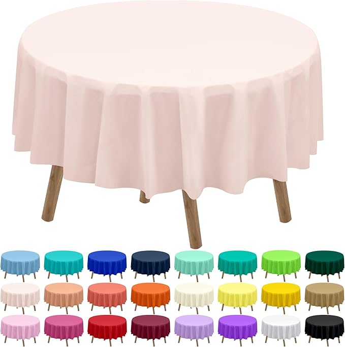 Blush Pink Plastic Tablecloths 2 Pack Light Peach Disposable Table Covers 84 Inch Circle Bridal Shower Party Tablecovers PEVA Table Cloths for Picnic Birthday Wedding Parties 6 ft Round Table Use