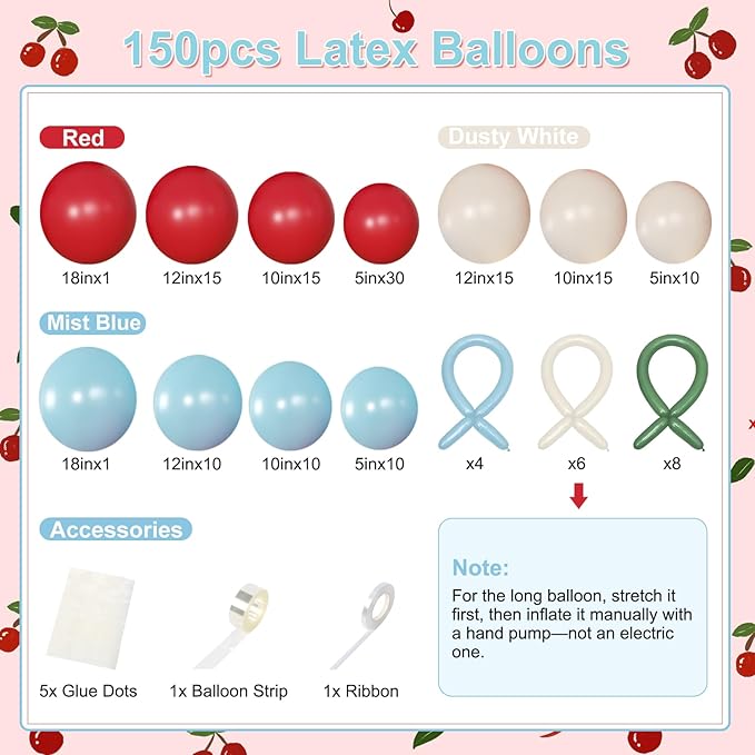 CROSSFINGERS Cherry Red and Blue Balloon Garland Arch Kit,150pcs Bow Light Mist Blue Red White Balloons Arch Kit for Cherry Birthday Baby Shower Wedding Galentine's Bridal Shower Party Decorations