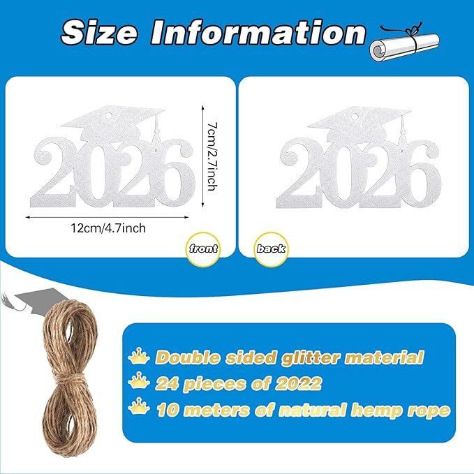 Chinco 24 Pcs 2026 Graduation Decorations Class of 2026 Graduation Centerpieces for Table Glitter Cutouts Grad Cap Tags Double Side Sparkling Glitter Confetti Party Decor for Vase Mason Jar (Silver)