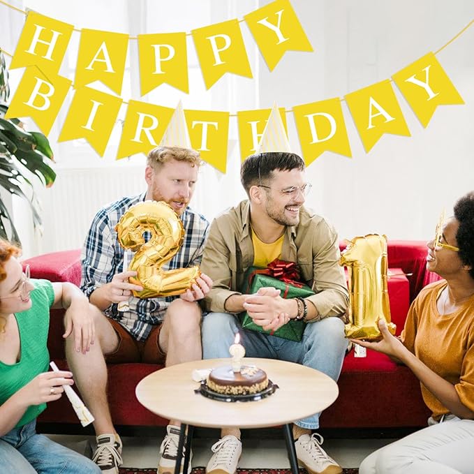 Yellow Happy Birthday Banner Sign for Backdrop Yellow Themed Birthday Party Decorations for Boys Girls Kids Party Banner Garland Bunting Flag Tea Party Supplies Wall Decor Yard Decorations