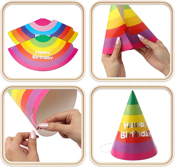 Azude Rainbow Party Hats for Kids and Adults, 12 Pack Happy Birthday Cone Hats with Metallic Foil Text, Sturdy 250gsm Paper Birthday Caps for Boys Girls & Classroom Celebrations, 7.9 Inch
