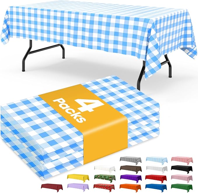 Blue Checkered Plastic Table Cloth - 4 Pack 54" × 108" Rectangle Disposable Tablecloths for 6FT Tables, Table Cover for Party, Holiday & Gathering Use