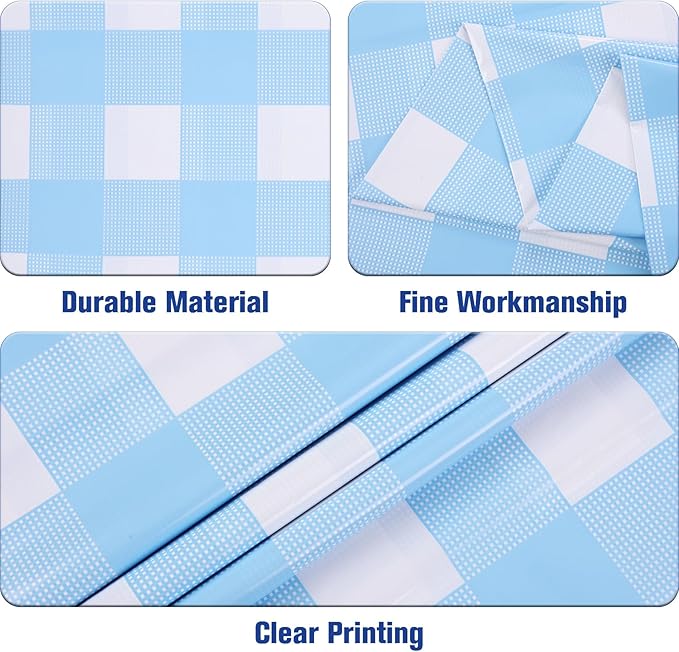 Kesfey 12 Packs Light Blue Gingham Tablecloth Pale Blue and White Checkered Tablecloths 54 x 108 Inch Disposable Plastic Gingham Tablecovers Waterproof Rectangle Picnic Table Cover for Birthday Party