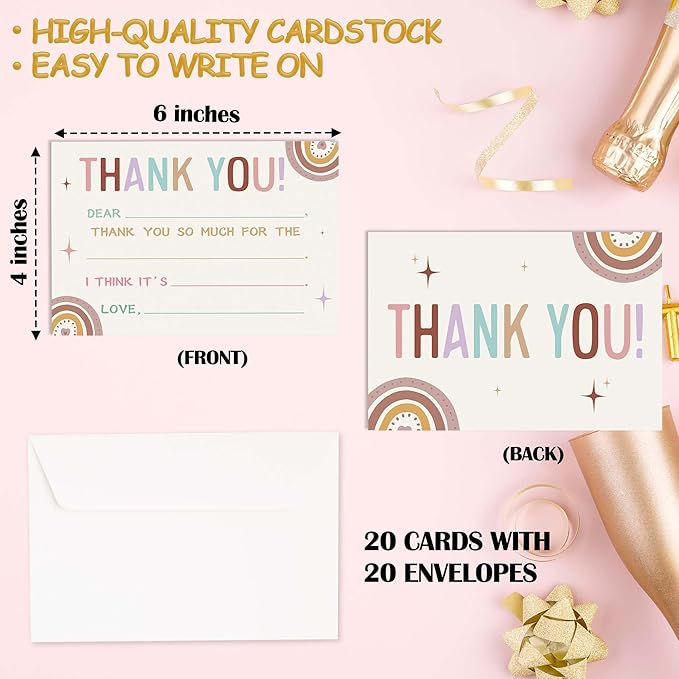 Kids Thank You Cards Fill in the Blank, Boho Rainbow Thank You Notes For Boys Girls, Rainbow Greeting Card, Birthday Party Decorations Favors (20 Cards With 20 Envelopes) -32