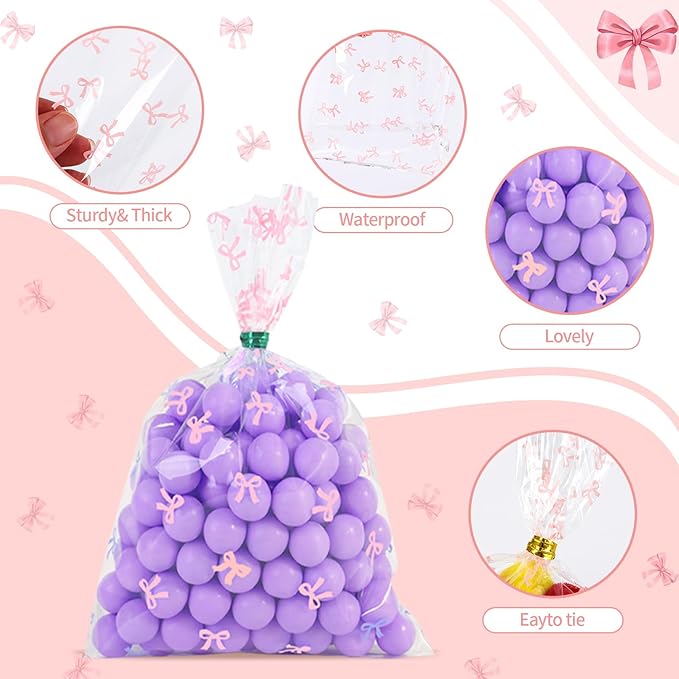 SOMIOCO Clear 5x7in 100PCS Cello Cellophane Treat Bags - Pink Candy Cookie Bags with Twist Tie for Birthday, Baby Shower, Wedding, Party (Bow Pattern)