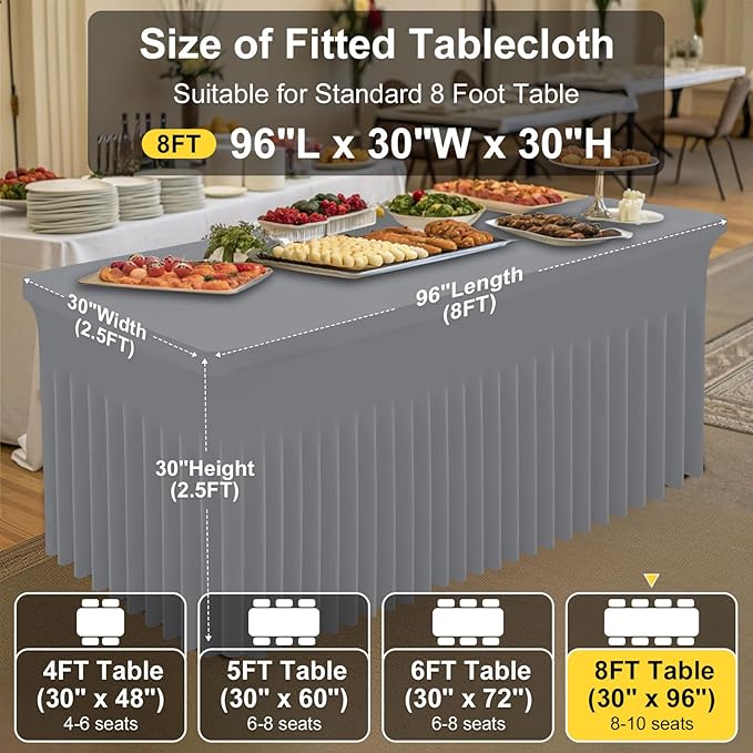Smiry Spandex Tablecloth, Elastic Fitted Stretch Tablecloth for 8FT Rectangle Tables, Waterproof Washable Table Cover Skirt for Outdoor, Wedding, Banquet & Parties (Grey, 96Lx30Wx30H Inch)