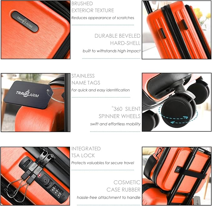 TRAVELARIM 20 Inch Carry On Luggage 22x14x9 Airline Approved, Carry On Suitcase with Wheels, Hard-shell Carry-on Luggage, Durable Luggage Carry-On, Orange Small Suitcase with Cosmetic Bag