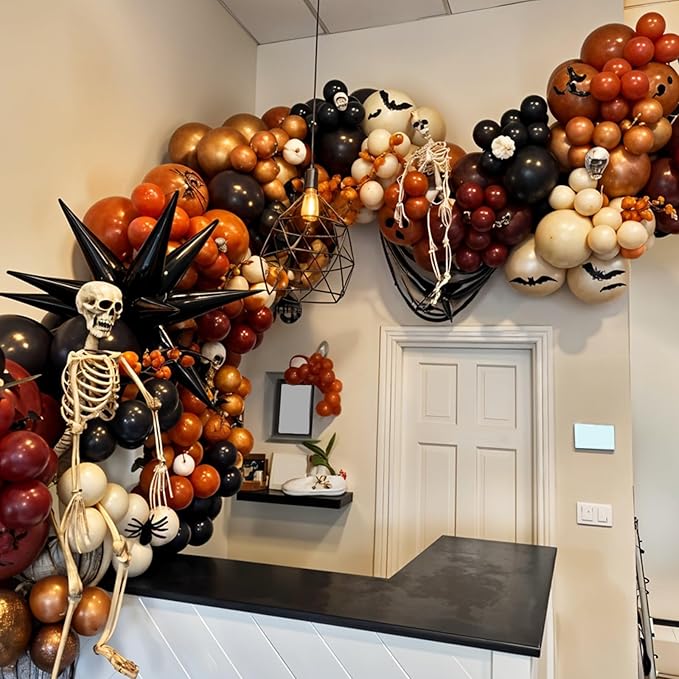 Halloween Balloon Arch Garland Kit, Black Burnt Orange Sand White Retro Orange Balloons, Spider and Black Striped Foil Balloons for Kids Halloween Birthday Party Decorations Baby Shower Backdrop