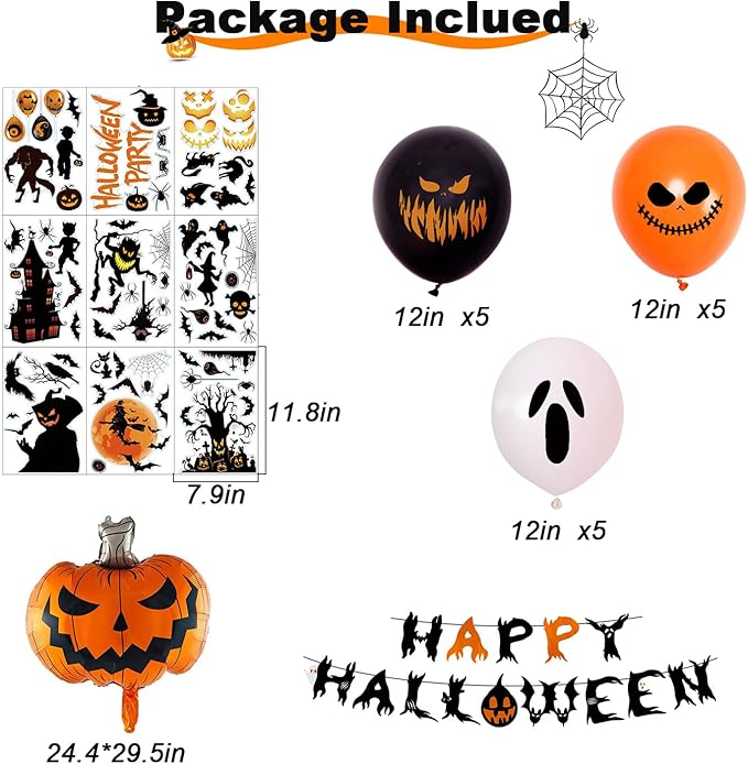 Leesoot Halloween Decorations Set 17pcs Pumpkin Ghost Balloons + Banner + Wall Stickers Bat Spider Witch Werewolf Skull for Halloween Party Home decoration Halloween Backdrop