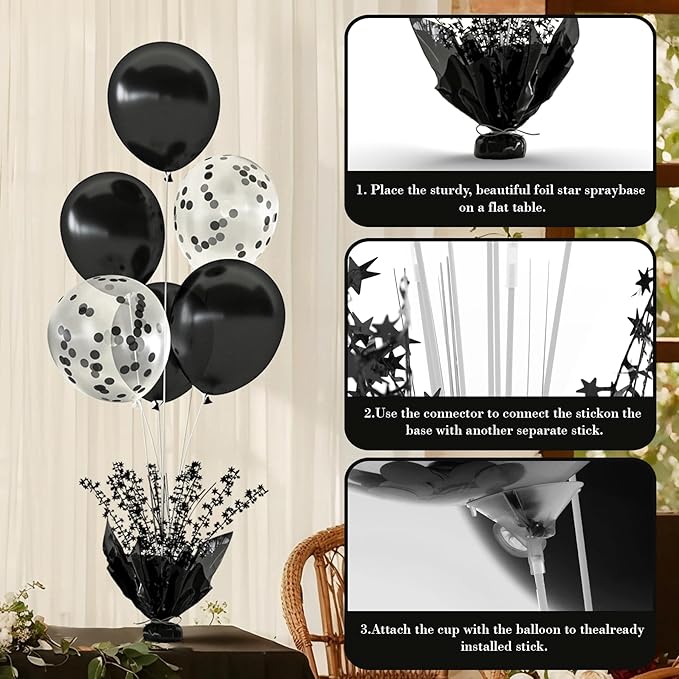 2 Set Black Table Balloons Foil Spray Centerpiece with Black and Confetti Balloons Stand Kit for Birthday Party Baby Shower Wedding Bridal Shower Prom Retirement Graduation Table Decorations