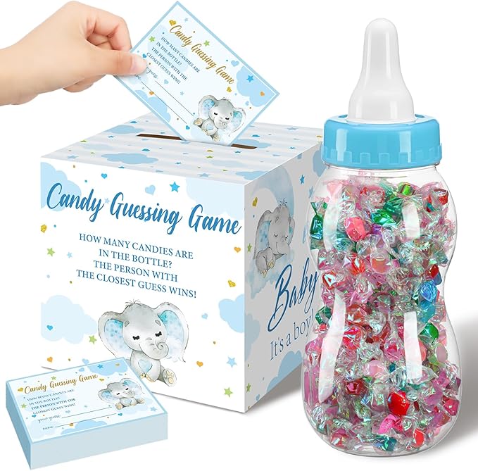 Glenmal 52 Pcs Baby Shower Games Gift Sets Large Baby Bottle for Shower Game Guess How Many Candies Decorations for Gender Reveal(Blue Elephant)
