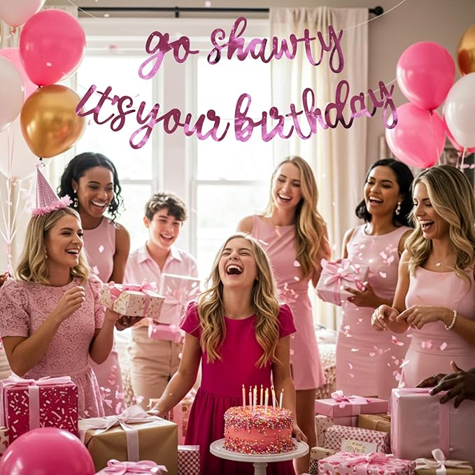BEISHIDA Go Shawty It's Your Birthday Banner NO DIY Hip Hop Theme Happy Birthday Banner Pre-Strung Rap Theme Happy Birthday Sign for Man Women birthday Party Supply Double-Sided Bright Pink