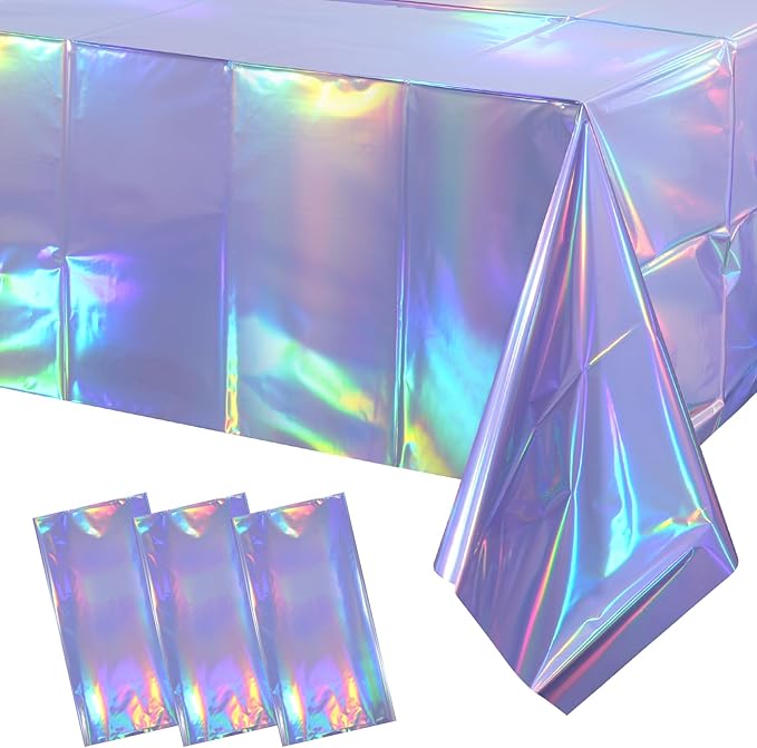 3 Pack Iridescent Light Purple Tablecloth for Parties, Pastel Purple Holographic Plastic Table Cover, Disposable Laser Purple Table Cloth for Birthday Wedding Baby Shower Party Decorations, 54x108Inch