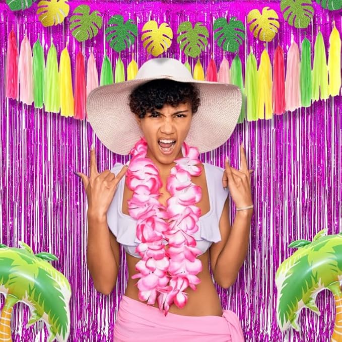 BRAVESHINE Hot Pink Tinsel Foil Fringe Curtains - 2Pcs 3.2x8.2ft Metallic Party Streamers Backdrop for Valentines Girl Birthdays Bridal Shower Bachelorette Engagement Hawaiian Luau Party Decorations