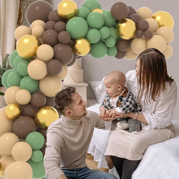 Sage Green and Brown Balloon Garland Arch Kit, 122PCS Brown Nude Gold Balloons Woodland Camo Army Olive Green Balloon for Jungle Safari Woodland Hunting Theme Birthday Baby Shower Decorations