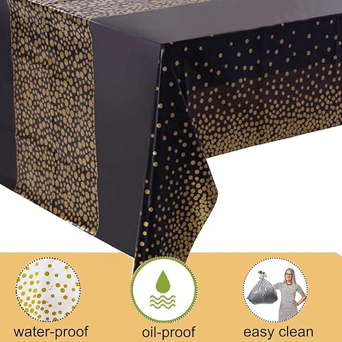 Yancorp 2 Pack Tablecloth for Rectangle Tables Gold Dot Disposable Tablecloths Plastic Tablecloth Party Table Covers for Birthday Thanksgiving Christmas Wedding Outdoor BBQ (Black-M, 2 Pack)