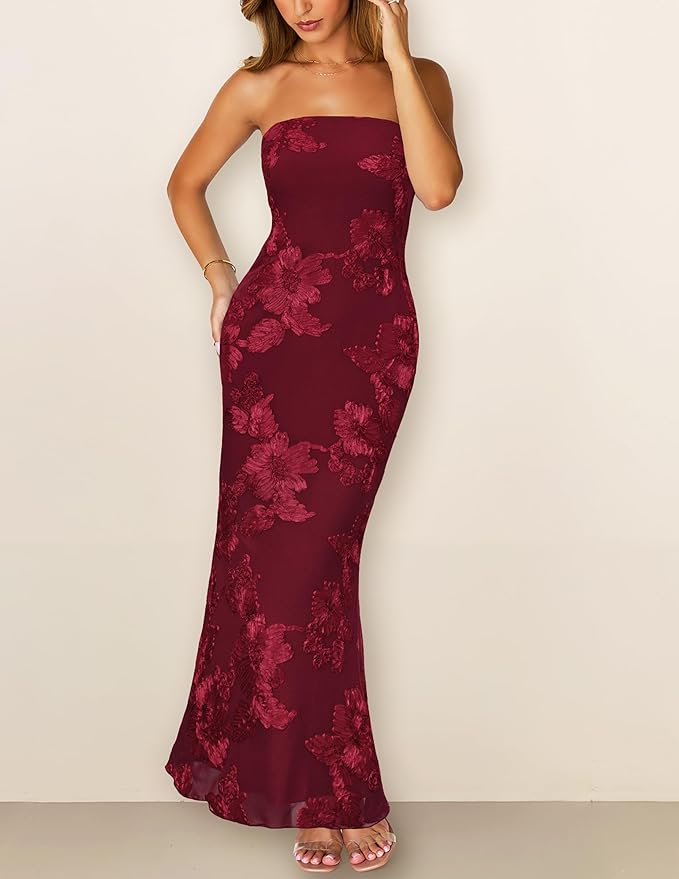 MEROKEETY Women's Floral Strapless Maxi Dress 2026 Summer Mesh Tube Bodycon Formal Wedding Guest Cocktail Party Long Dresses