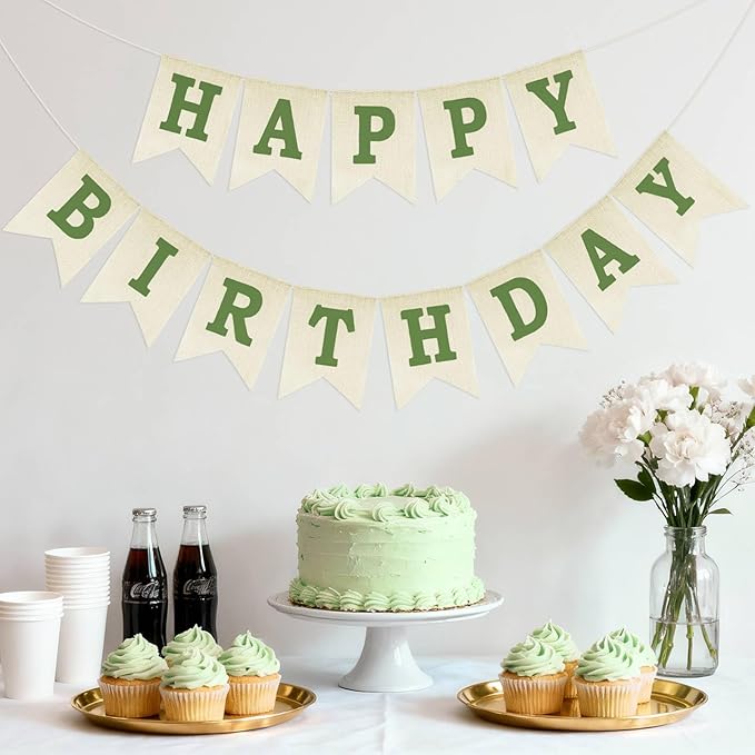 Anwyll Happy Birthday Banner - NO DIY Burlap Happy Birthday Banner Sign Happy Birthdays Party Decoration Happy Birthdays Banners Bunting for Women Men Girl Boy Celebration Party Backdrops (Green)