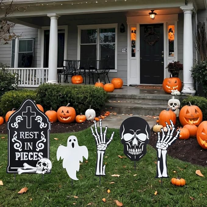 hogardeck Halloween Decorations Outdoor, 5 Pcs Metal Decorative Garden Stakes with Skulls Head, Hands & White Ghosts for Halloween Decor, Tombstone Yard Signs for Outside Garden Lawn Patio Porch
