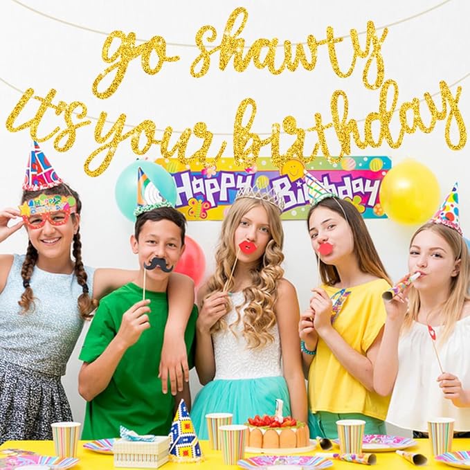 BEISHIDA Go Shawty It's Your Birthday Banner NO DIY Hip Hop Theme Happy Birthday Banner Pre-Strung Rap Theme Happy Birthday Sign for Man Women birthday Party Supply Glitter Gold