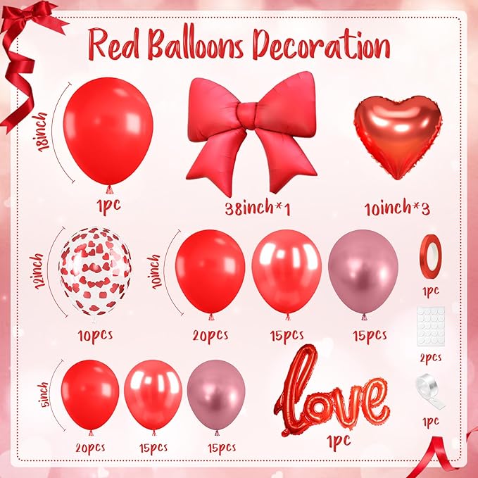 Red Balloons Arch Kit, Metallic Red Pearl Balloon Valentine Garland Arch, Heart Confetti Balloons Bow Heart Love Foil Balloon For Valentine's Day Birthday Baby Shower Party Wedding Engagement Decor