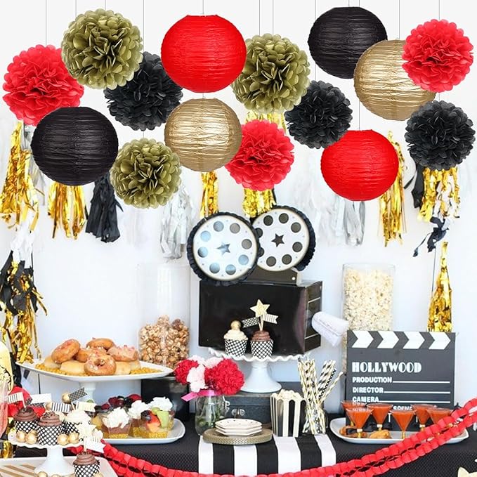 zilue Red and Black Party Decorations, Paper Lanterns and Pom Poms Flowers for Birthday Party New Years Retirement Decor Pack of 15 Pieces