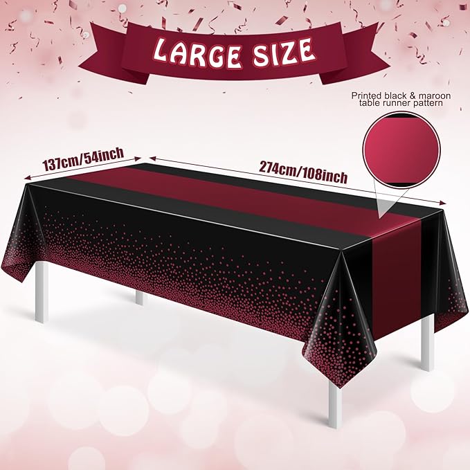 1Pcs Black and Maroon Tablecloth Party Decorations,Plastic Black Table Cloth Printed Maroon Table Runner Disposable Rectangle Table Cover for Birthday Wedding Graduation Anniversary Party,54x108Inch