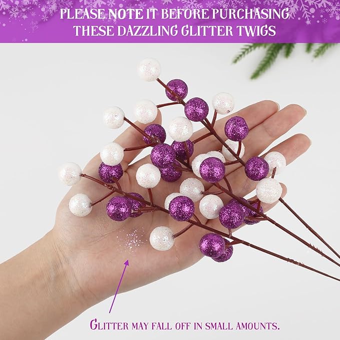 HOHOTIME 24 Pack Artificial Berry Stems Branches, Christmas Faux Purple White Holly Colorful Berries Branches Ornaments for Christmas Tree Wreath DIY Craft Decorations Holiday Home Decor