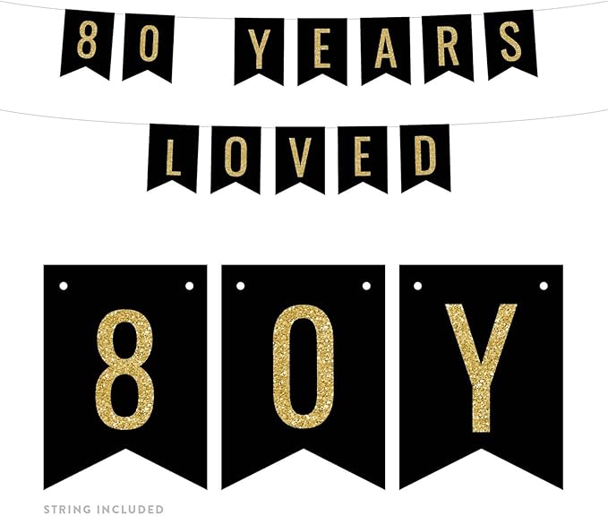 Andaz Press Faux Gold Glitter on Black Birthday Party Banner Decorations, 80 Years Loved, Approx 5-Feet, 1-Set, 80th Birthday Milestone Colored Hanging Pennant Decor