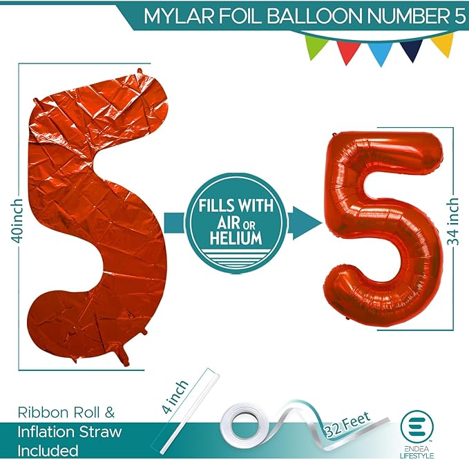40 Inch Large Red Number Celebration and Decoration Balloon for Birthday Parties, Graduations, Anniversaries, Weddings, Photo Shoots, Special Events - Helium Foil Mylar (Red Number 5)