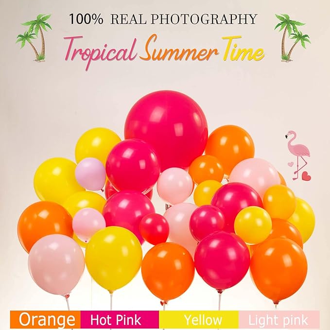 Summer Tropical Balloon Arch Kit Hot pink yellow orange Balloon Luau palm leaves Hawaiian leis backdrop For Baby Shower Island Beach Flamingo Pool Parties Tiki Aloha Birthday Party Decorations