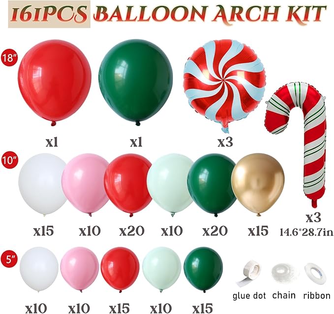 Christmas Balloon Garland Arch kit, 161 Pcs Red Green White Pink Metallic Gold Balloons Candy Cane Foil Balloons for Xmas Christmas Party Decorations Candy Theme Birthday Baby Shower Supplies