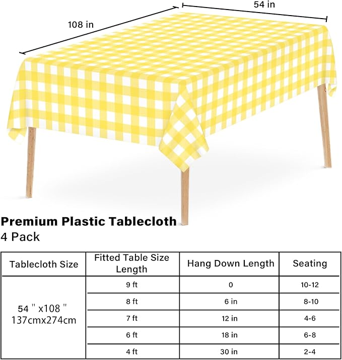 4 Pcs Yellow Checkered Tablecloth 54 ×108 Inches Rectangle Yellow Gingham Tablecover Disposable Plastic Waterproof Table Cover for Outdoor Picnic, Kitchen, Holiday Birthday Party