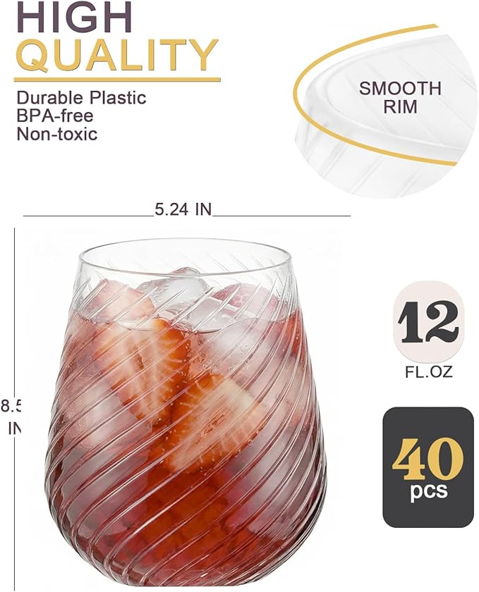 40 Pcak Plastic Stemless Wine cocktail Whiskey Champagne Glasses, 12 Oz Disposable Unbreakable Cups for Party Bars Wedding Tasting (Spiral)