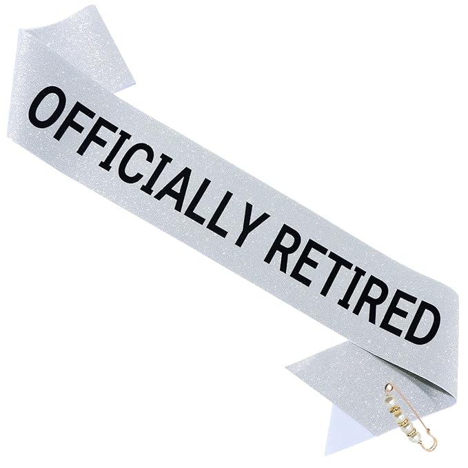 Officially Retired Elegance Sash - Retirement Sash for Both Women and Men with Pearl Safety Pin. Perfect for Retirement Parties, Events, and Thoughtful Novelty Gifts (Silver 2, Large)