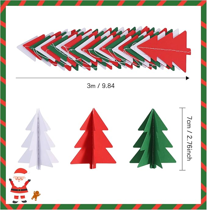BEISHIDA Red White Green Christmas Decorations, 2 Pcs 3D Christmas Tree Paper Garland Xmas Hanging Streamer Party Decorations for Home Office Classroom Baby Shower Party Supplies