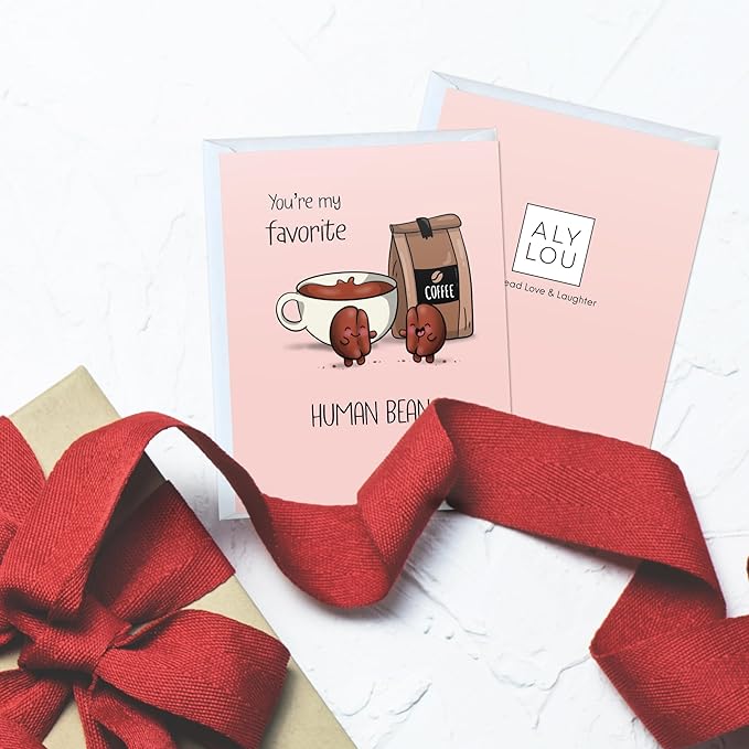 ALY LOU Coffee Anniversary Card Birthday Girlfriend, Boyfriend, Wife, Husband - Cute Funny Punny Bday Greeting Card Friend Him Her - Blank Inside (You're My Favorite Human Bean)