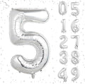 16 In Silver Large Numbers Balloons 0-9, Self Inflating Number 5 Balloons for Boys Girls, Big Silver Digit 5 Balloons for Women Men Birthday Party Anniversary Wedding Supplies Decorations