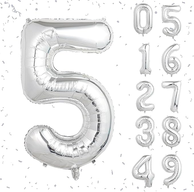 16 In Silver Large Numbers Balloons 0-9, Self Inflating Number 5 Balloons for Boys Girls, Big Silver Digit 5 Balloons for Women Men Birthday Party Anniversary Wedding Supplies Decorations