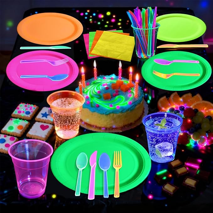 Glow in the Dark Party Supplies, Including Colorful Plates Napkins Tablecloth Banner and Dinnerware for Let's Glow Neon Party Decorations, Serves 20
