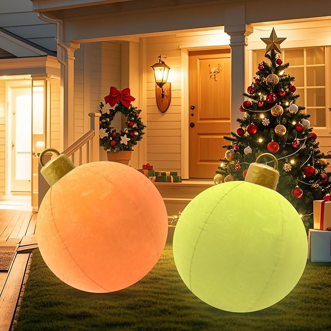 2 Pcs 24-Inch LED Velvet Inflatable Balls Christmas Decorations, Large Flocked PVC Decorations with 12 Colors & Remote, for Outdoor and Indoor Holiday Decor(Green, Brown)