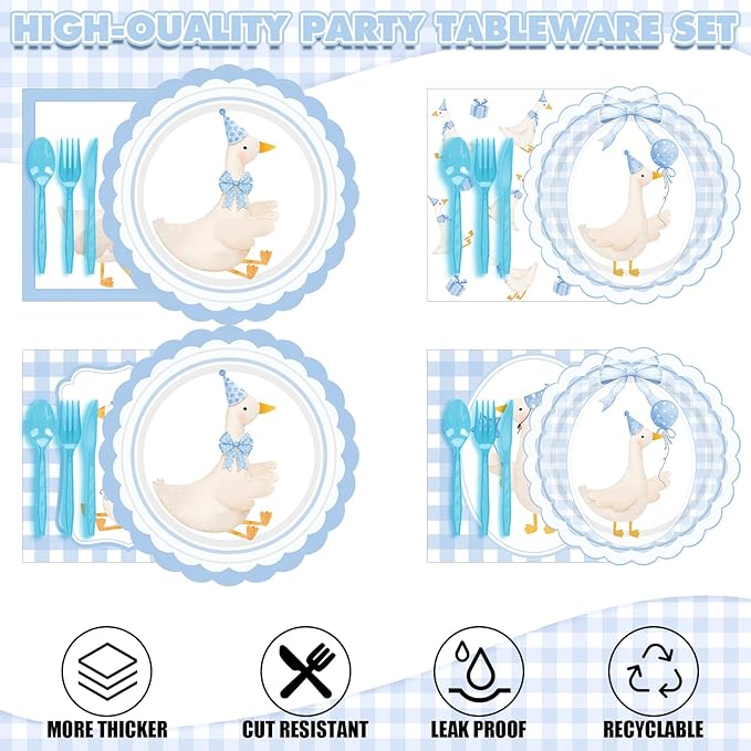Zhehao 350 Pcs One Silly Goose Birthday Party Tableware Set Blue Scalloped Baby Shower Plates Cup Napkins Forks for Birthday Party Decorations Supplies for 50 Guests