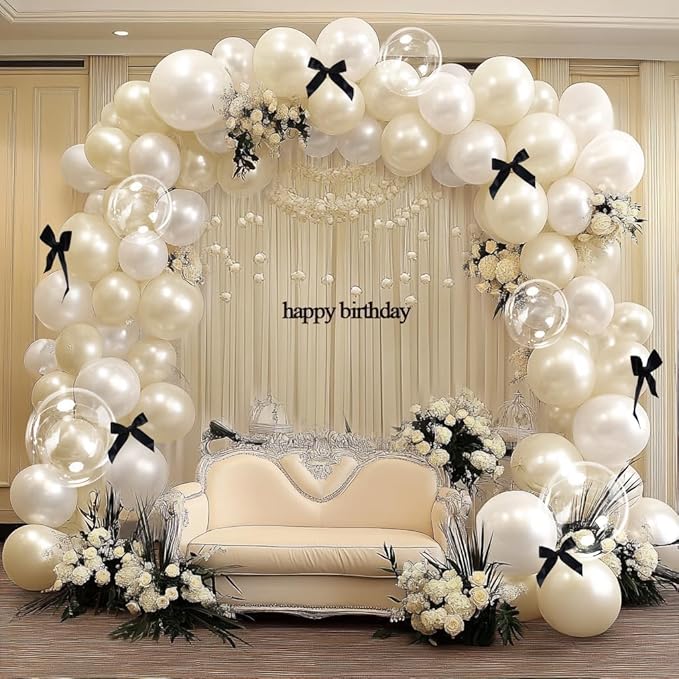 White Balloon Garland Arch Kit, Double Stuffed Cream Ivory Sand White Pearl Balloons with Bow Clear Balloon for Bridal Wedding Baby Shower Birthday Valentine‘s Day Party Decorations