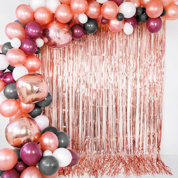 Pack of 2 Rose Gold Foil Fringe Curtains – Rose Gold Tinsel Backdrop for Photo Booth, Birthday, Wedding, Baby Shower, Bachelorette, Christmas & Holiday Party Decorations