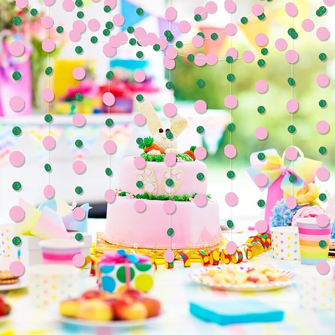 Outus 10 Pieces Pink,Green Round Dots Garland Easter Graduation Party Hanging Decor Each Length 13.1ft Glitter Paper Dot Streamers for Birthday Wedding Classroom