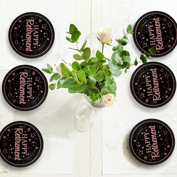 Wiooffen 48Pcs Retirement Paper Plates Party Supplies Happy Retirement Dessert Cake 7 inch Plates Tableware Set Pink and Black Retired Dinnerware for Woman Graduations Decorations Favors