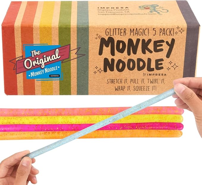 IMPRESA Glitter Sensory Noodle Strands - Monkey Noodle Fidget for Stress Relief & Focus - Sparkly Stretchy Strings & Latex-Free Sensory Balls - Medium, Multicolor, 5-Pack, Glitter Magic