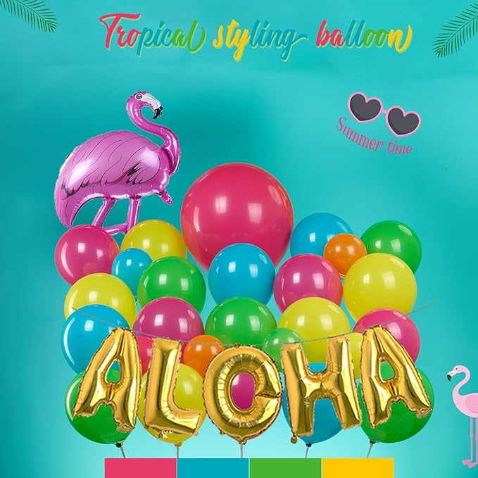 Tropical luau Balloon Garland Arch Kit Party Decoration with Flamingo Aloha Letter Coconut Tree foil balloons for Summer Hawaiian tiki luau Beach Theme Birthday Party Decorations (Pink Green Yellow)