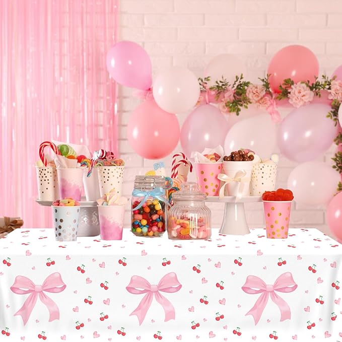 Bow Table Cloth,2 PCS Cherry Tableclothes,Pink Bow Waterproof Disposable Plastic Tablecovers for Birthday Bridal/Baby Shower Cherry-Themed Party Decor